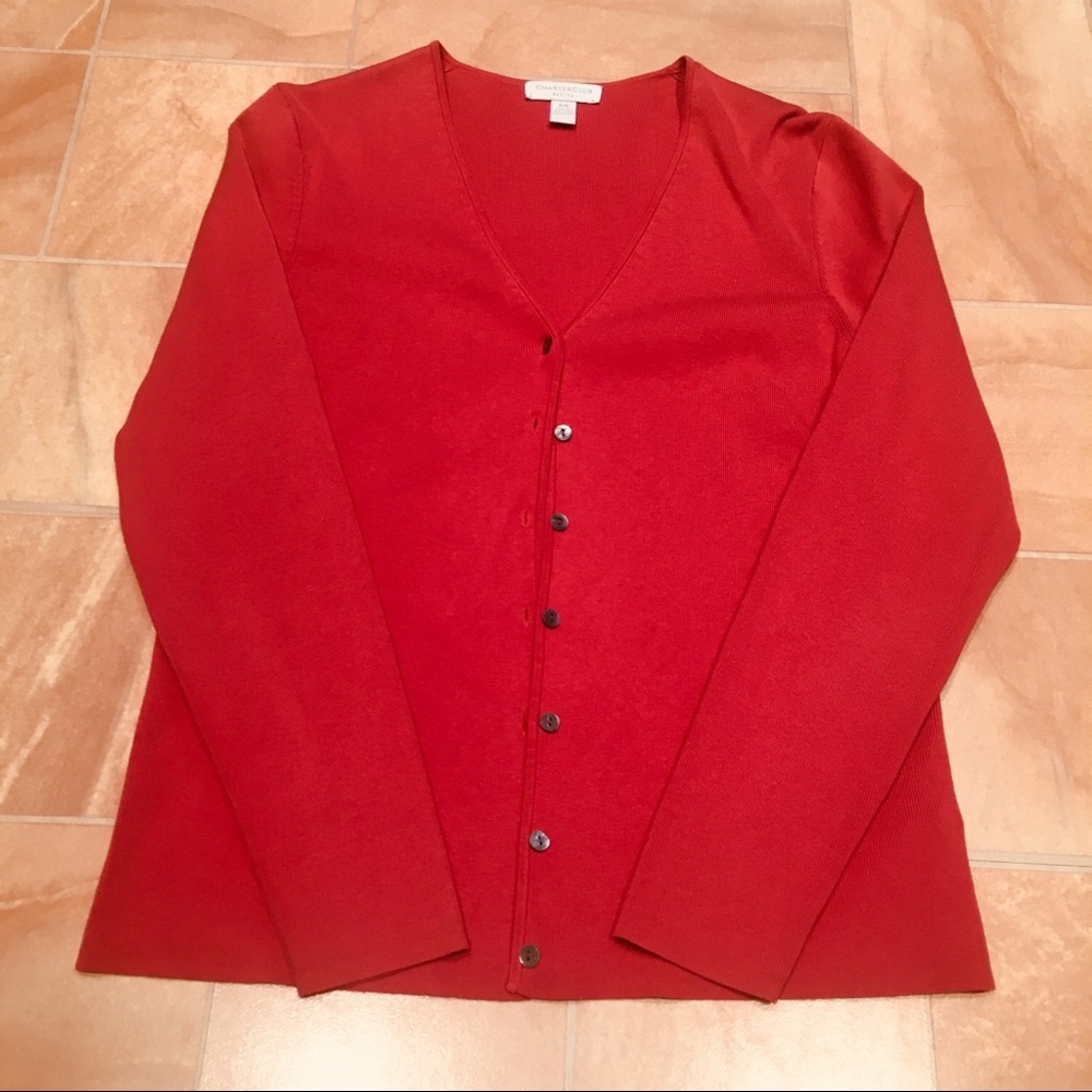 Charter Club Women’s Petite Red V-Neck Button Down Long Sleeve Cardigan